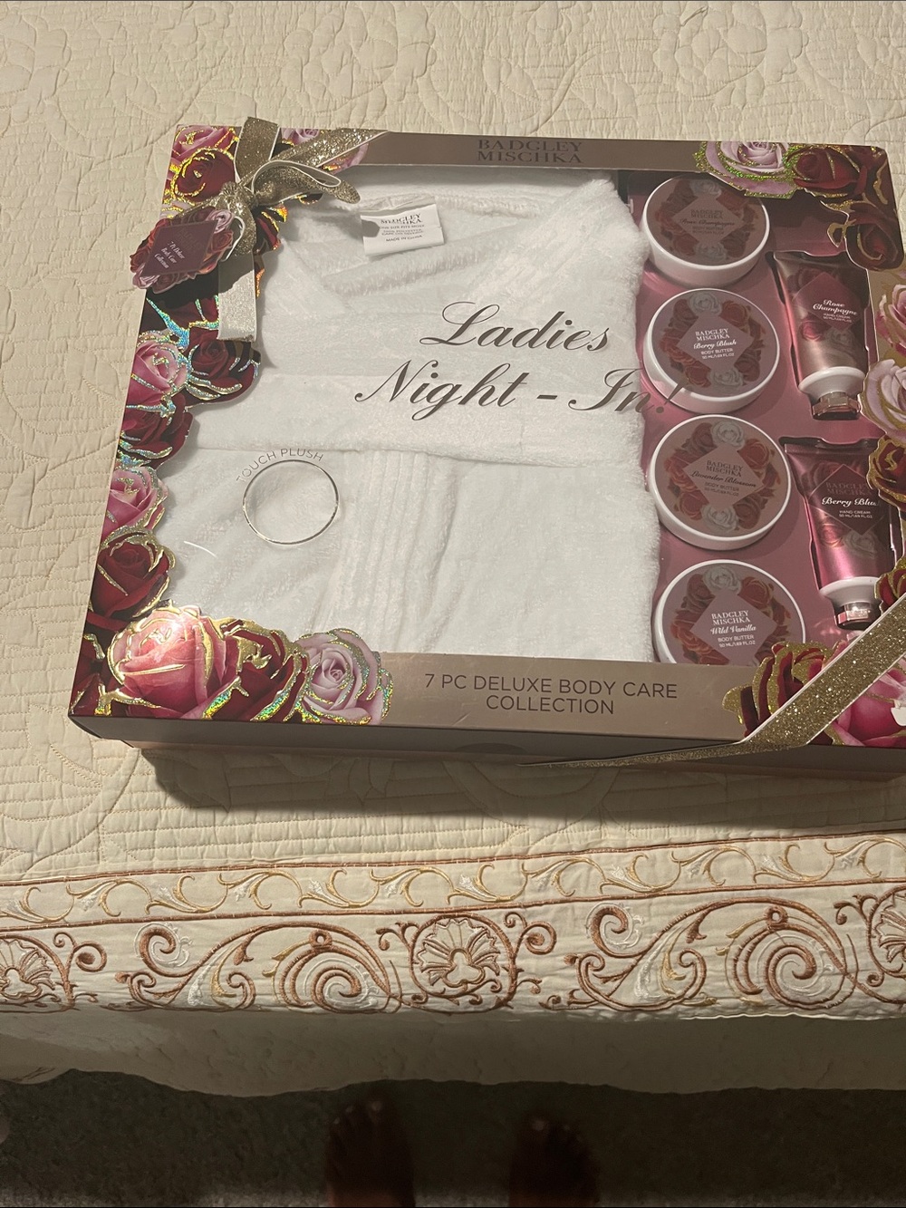 Badgley Mischka White Robe & Pink Floral Body Care Gift Set